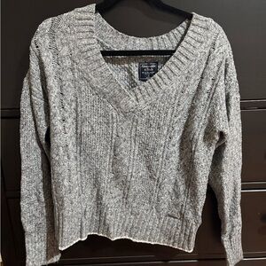 Gray Cable Knit V-Neck Sweater